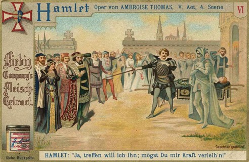 Picture series Hamlet, Hamlet stands with drawn sword in a duel, while a stretcher with a corpse