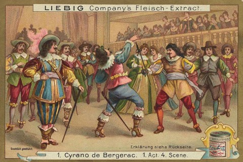 Cyrano de Bergerac picture series, fencing duel in the theatre, Liebigbild, digitally restored