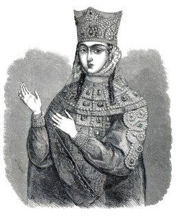 Illustration shows Queen Tamar of Georgia from 1884. Tamar ruled Georgia from 1184 to 1213 and led