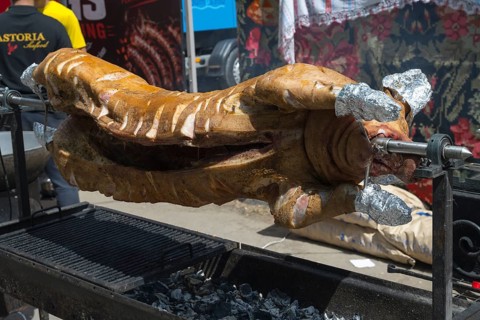 Close-up view of grilled suckling pig on an outdoor grill, folklore festival, Chisinau, Chisinau,