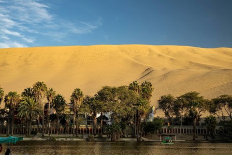 The oasis, Laguna Huacachina with a small lake and palm trees surrounded by sand dunes in the Ica