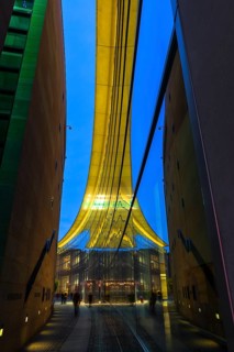 Reflection in the façade of the State Museum of Art and Design at dusk, Nuremberg, Middle