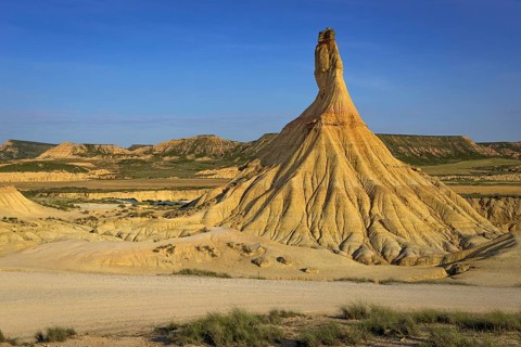 The Castil de Tierra monolith in the morning sun in the Bardenas Reales Natural Park, Navarra,