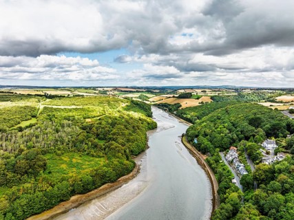 Fields over LOOE and River Looe from a drone, Cornwall, England, United Kingdom