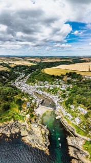 Panorama of Polperro Harbour and Village from a drone, Polperro, Looe, Cornwall, England, United