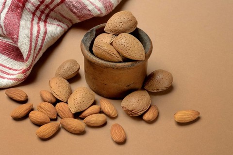 Almond, almond kernels and unopened stone kernels