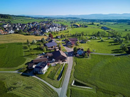 View of the village with Lindenberg in the back, Abtwil, Freiamt, Canton of Aargau, Switzerland