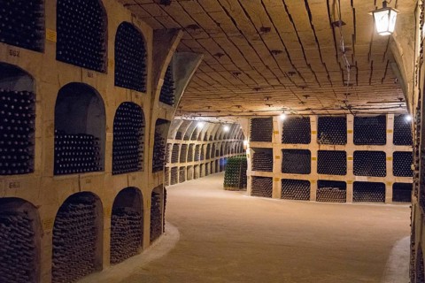 A wine cellar with lots of wine bottles on shelves along the stone walls. Soft lighting and a long
