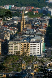 Overview from Mont Urgell of the old town and the Catedral del Buen Pastor of San Sebastian, Basque