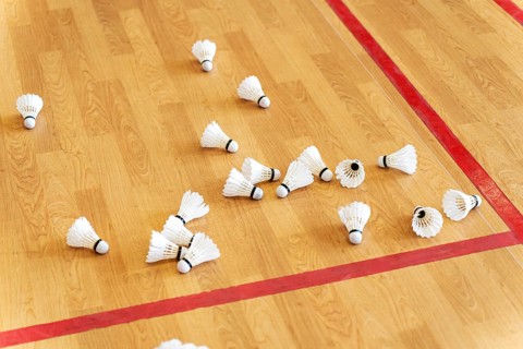 Several badminton shuttlecocks scattered across an indoor court with red boundary lines on a wooden