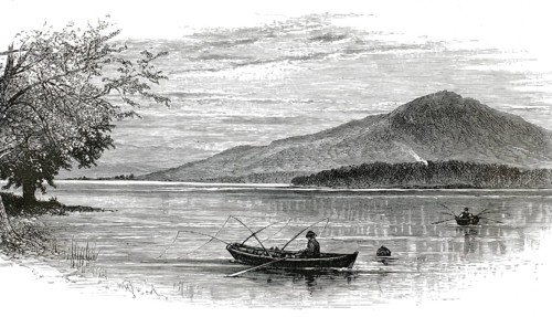 19th century illustration showing anglers on Lake Windermere in the English Lake District, England,
