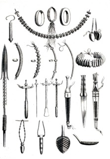Overview of African cultural and everyday objects around 1860. Various necklaces, bracelets,