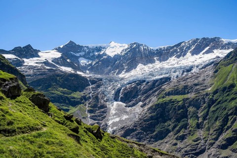 Glaciated mountain peaks, mountain landscape with Grindelwald-Fiescherfirn glacier, Bernese Alps,