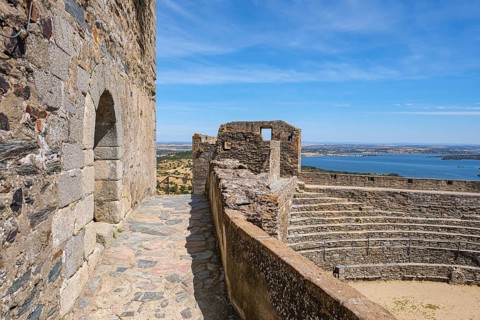Castle walls with structured details and views of the countryside, historic flair, Monsaraz, Évora,