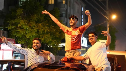 Thousands of Galatasaray fans gather in the streets to celebrate the club winning the Turkish Super