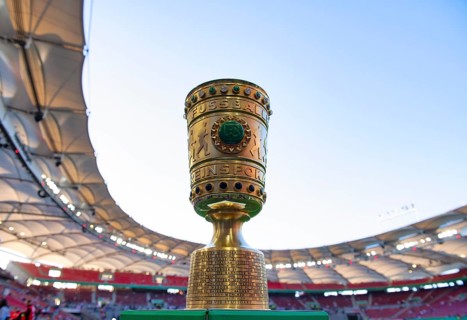 DFB-Pokal, trophy on podium, soccer Bundesliga, DFB-Pokal, MHPArena, MHP Arena Stuttgart,