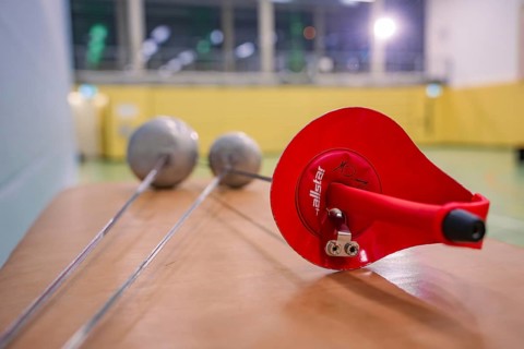 Fencing mask and sword in a sports hall with blurred background, fencing, TSV Calw, Calw district,