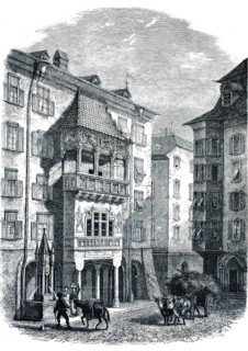 The Golden Roof in Innsbruck, a famous landmark with a distinctive porch, 1850, Austria, authentic,