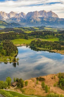 Picturesque mountain lake surrounded by forests and mountains under a blue sky, Schwarzsee circular