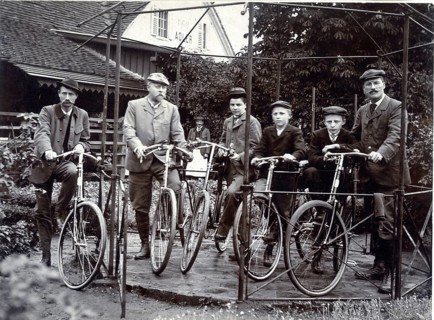 Bregenz, men, bicycle, Six men posing with their bikes in a garden, historic setting, 1926