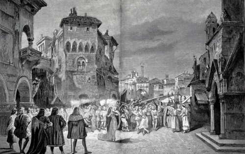 Scene from the premiere of Giuseppe Verdi's famous opera Don Carlos at the Paris Opera on March 11,