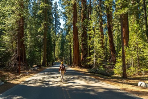 Solitary tourist with a backpack walking along a paved road through a forest of towering giant