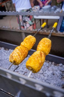 Pineapples on skewers grilled over charcoal, Hochzeit, Grossglattbach, Germany