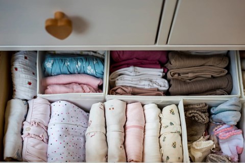 Neatly organized baby clothes arranged in dresser drawer using storage organizers, showcasing