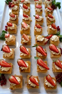 Canapés, vegan cheese cubes decorated with strawberries, Bavaria, Germany