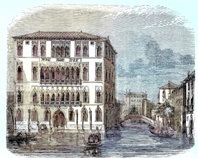 Historical view of Ca' Foscari in Venice, an imposing Gothic palace from the 15th century,
