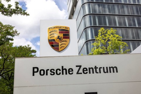 Porsche logo. Porsche Center Stuttgart. Stuttgart, Baden-Württemberg, Germany
