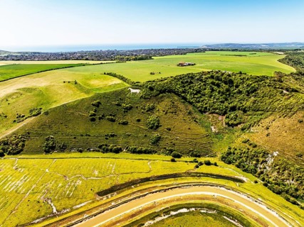 Litlington White Horse over Cuckmere Valley from a drone, Hindover Hill, South Downs, East Sussex,