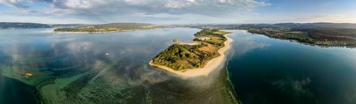 Aerial view, panorama of the Mettnau peninsula near Radolfzell on Lake Constance at historic lows,