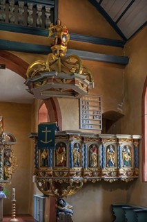 Pulpit from 1680, in the church of St. Peter and Paul, Ermreuth, Upper Franconia, Bavaria, Germany