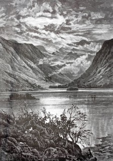 Ullswater, the second-largest lake in the English Lake District, England, illustration,