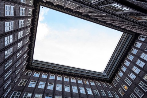 11.6.2018: Low angle perspective of the inner courtyard of the Chilehaus in the Kontorhaus district