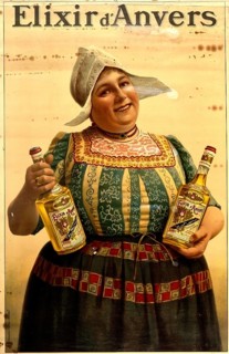 Advertising poster, beverage advertisement, poster promotes Elixir d'Anvers, a historic herbal