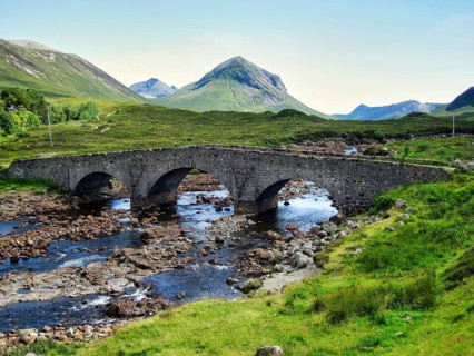 Historic stone bridge, Sligachan Old Bridge, civil engineer Thomas Telford, river landscape,