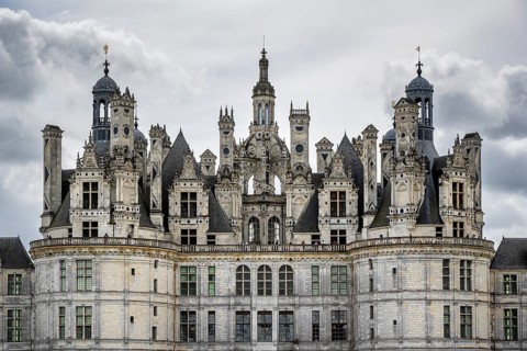 Northwest view, detailed view of the monumental Renaissance Château de Chambord castle with its