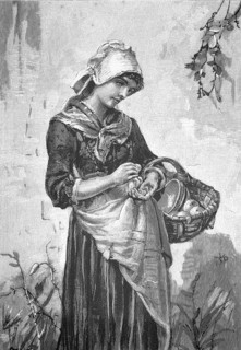 Woman in traditional, rural clothing holding a woven fruit basket. She carries a large wicker