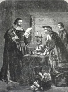 A theatrical portrayal by John Gilbert (1792–1849) . The banker, Roberto Di Recanati, on the left,