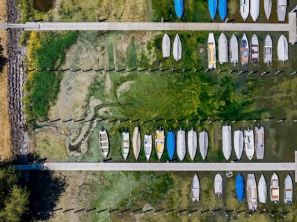 Drought on Lake Constance. The marina of Mannenbach-Salenstein in the canton of Thurgau is almost