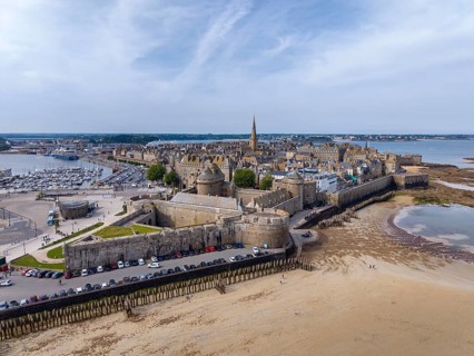 Aerial view of the famous corsair town of Saint Malo, with its distinctive granite buildings, city
