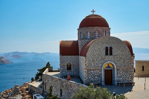 Agiou Sarvas monastery, Agion Pandon church, stone church with dome on an elevation overlooking the