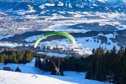 Panorama of the Allgaeu High Alps above Valley of river Iller with paraglider, Sonthofen, Bavaria,