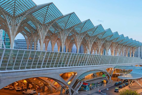 Oriente Railway Station at dusk, Parque das Naçoes, Lisbon, Portugal