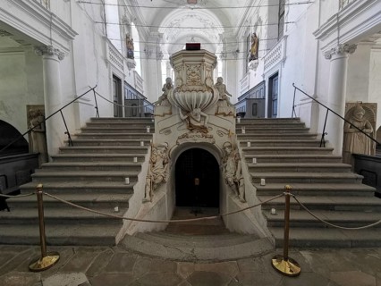 Entrance to the crypt and pulpit in the baroque castle church of St. Michael in the Castle,