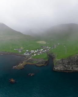 Aerial view of Gjogv, Faroe Islands