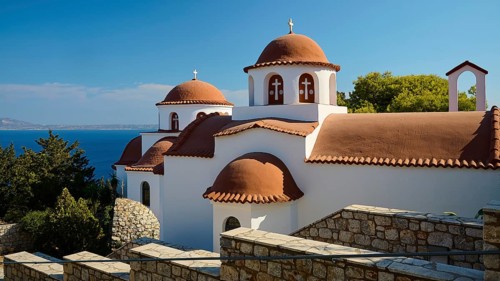 Agiou Sarvas monastery, white-brown church with domes and sea view, surrounded by stone walls,