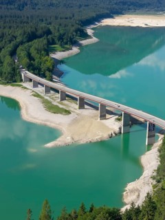 Mountain lake, mountains, reflection, sunny, summer, drought, low water, drought, bridge, road,